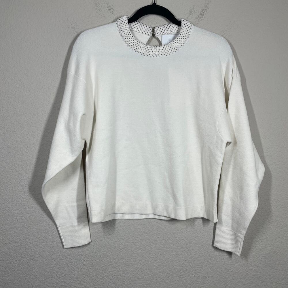 (Nude) Fashion 38/Small Crewneck Knit Beaded Sweater White Wool Long Sleeves